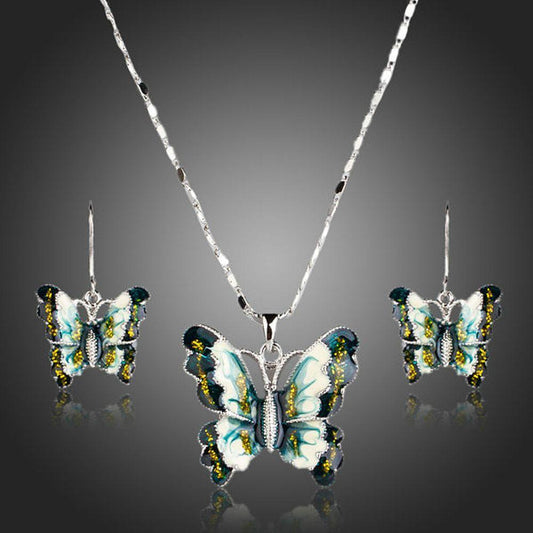 Artistic Flying Butterfly Pendant Necklace and Drop Earrings Set - KHAISTA Fashion Jewellery