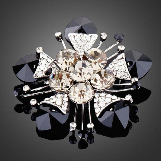 Black Flower Crystal Brooch - KHAISTA Fashion Jewellery