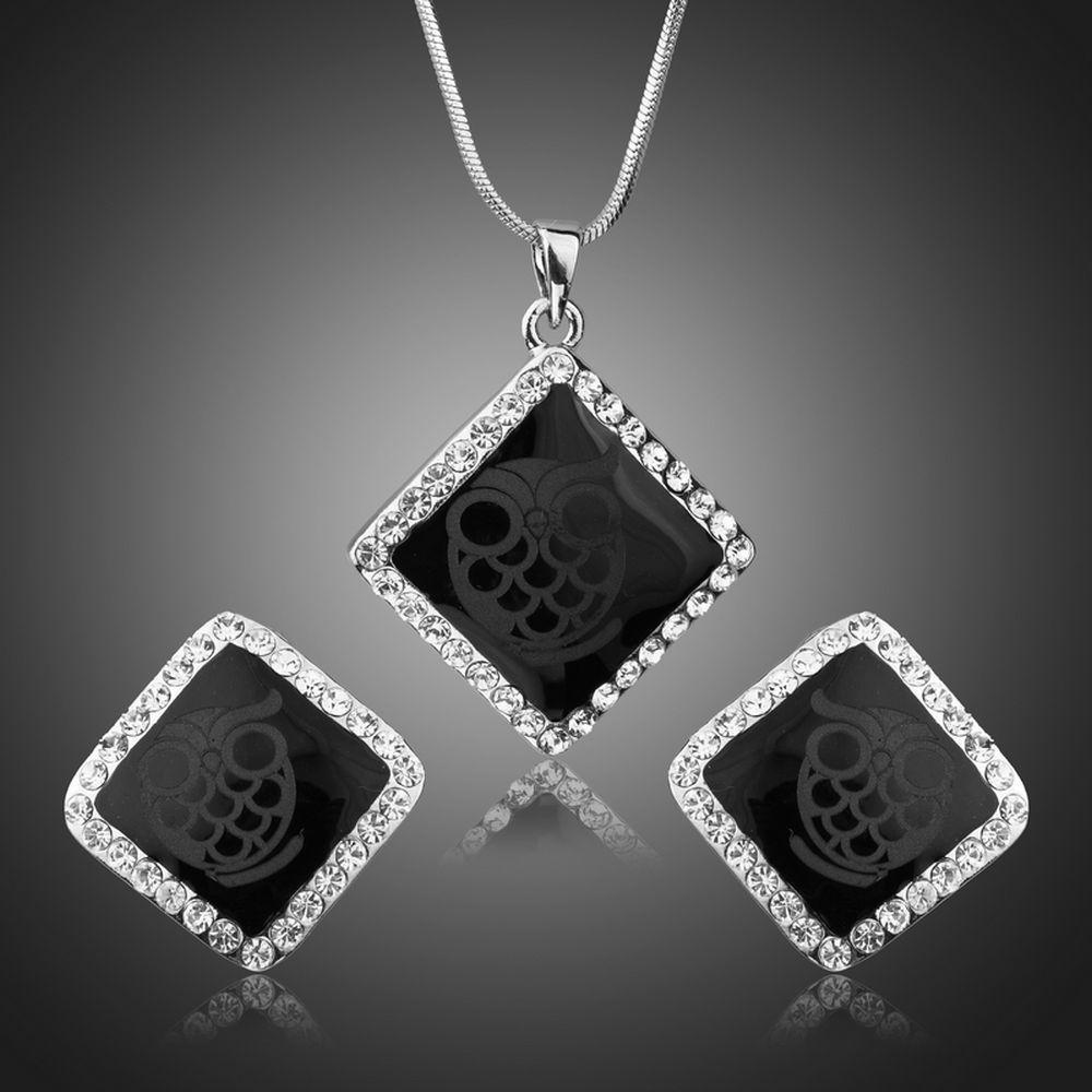 Black Square Owl Print Necklace & Earrings Set - KHAISTA Fashion Jewellery