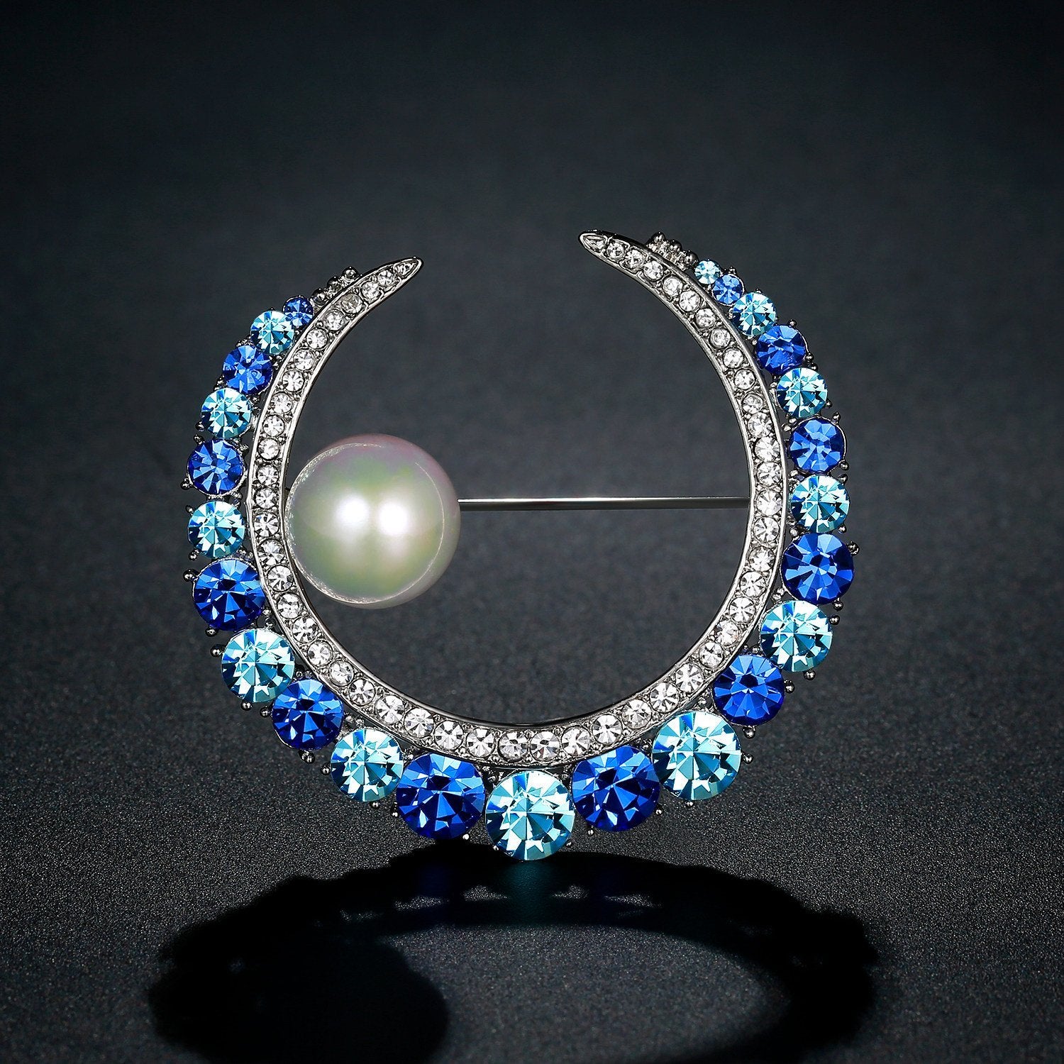 Blue Austrian Crystals and Pearl Water Drop Brooch - KHAISTA Fashion Jewellery