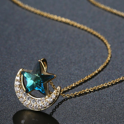 Blue Star on Golden Moon Chain Necklace KPN0276 - KHAISTA Fashion Jewellery