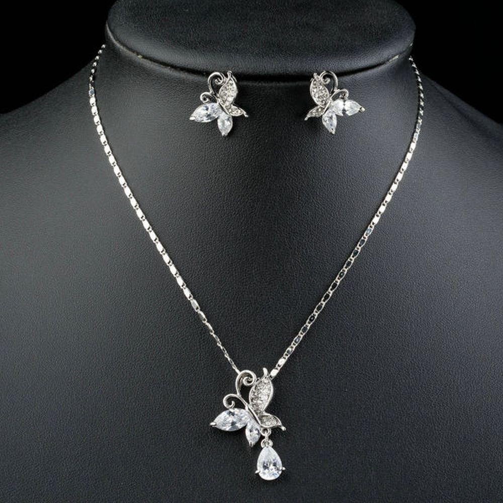 Butterfly Clear Cubic Zirconia Tear Drop Necklace + Stud Earrings Jewelry Set - KHAISTA Fashion Jewellery