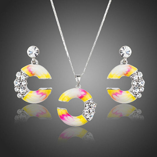 C Shape Crystal Drop Earrings & Pendant Necklace Set - KHAISTA Fashion Jewellery