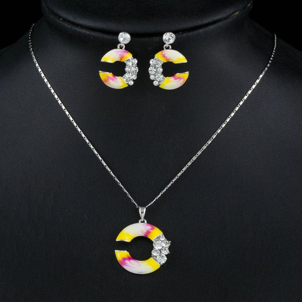 C Shape Crystal Drop Earrings & Pendant Necklace Set - KHAISTA Fashion Jewellery