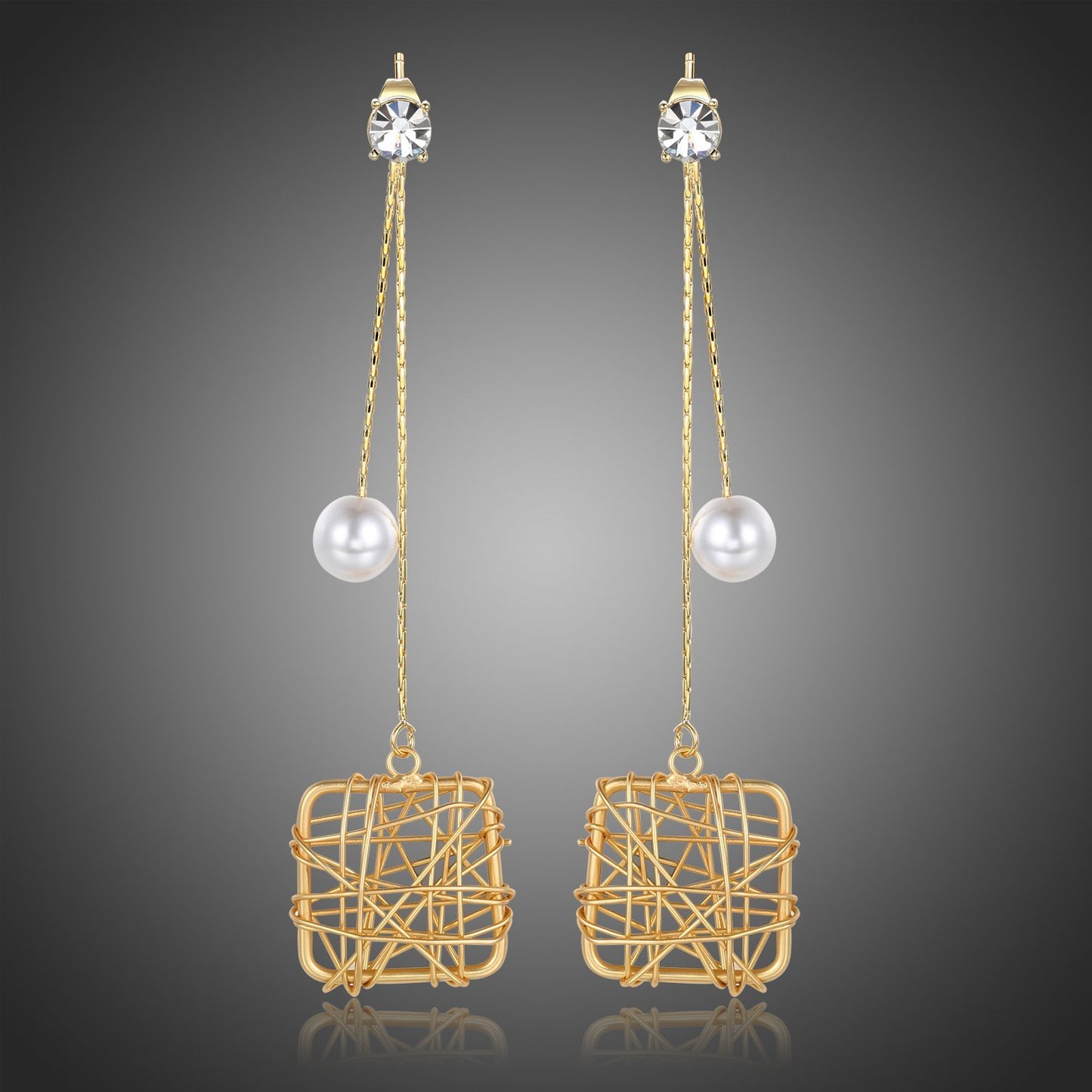 Chain Square Pearl Drop Earrings -KPE0393 - KHAISTA Fashion Jewellery