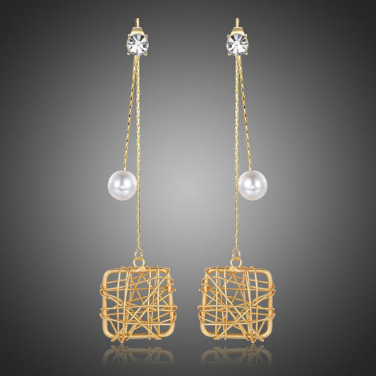 Chain Square Pearl Drop Earrings -KPE0393 - KHAISTA Fashion Jewellery