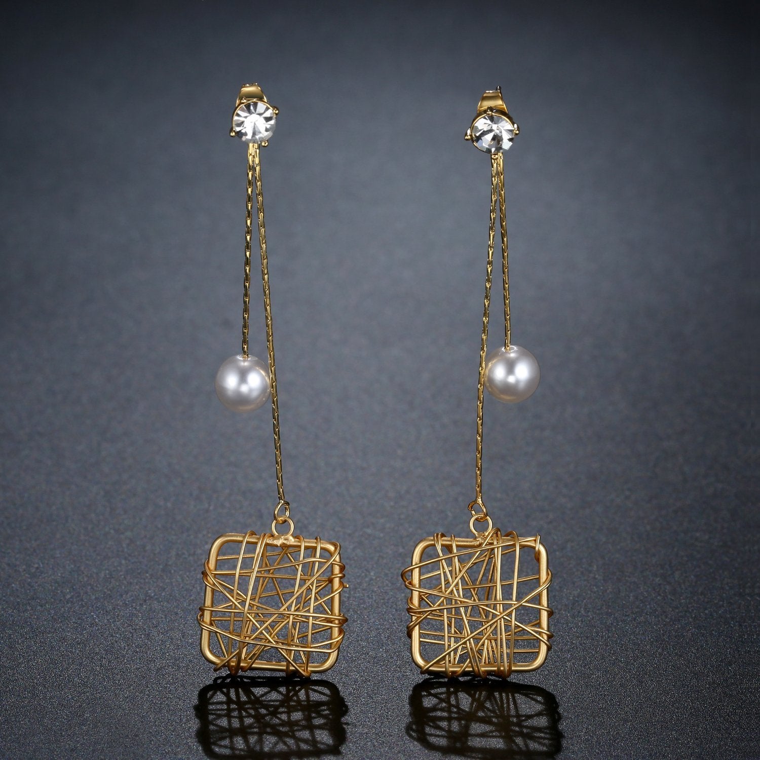 Chain Square Pearl Drop Earrings -KPE0393 - KHAISTA Fashion Jewellery