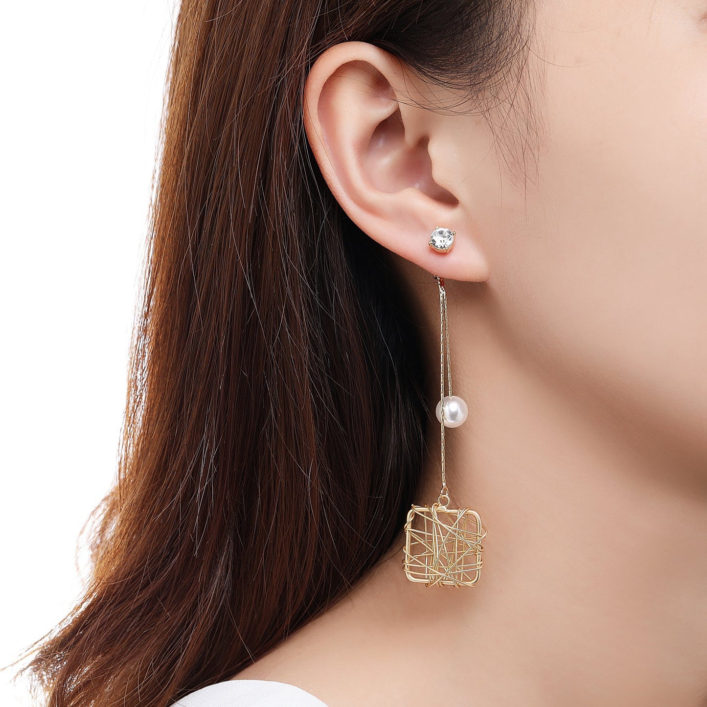 Chain Square Pearl Drop Earrings -KPE0393 - KHAISTA Fashion Jewellery