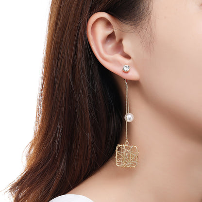 Chain Square Pearl Drop Earrings -KPE0393 - KHAISTA Fashion Jewellery