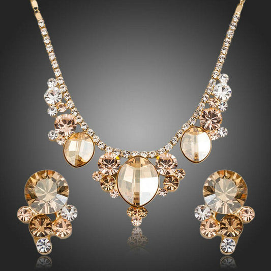 Champagne Crystal Flower Stud Earrings & Pendant Necklace Set - KHAISTA Fashion Jewellery