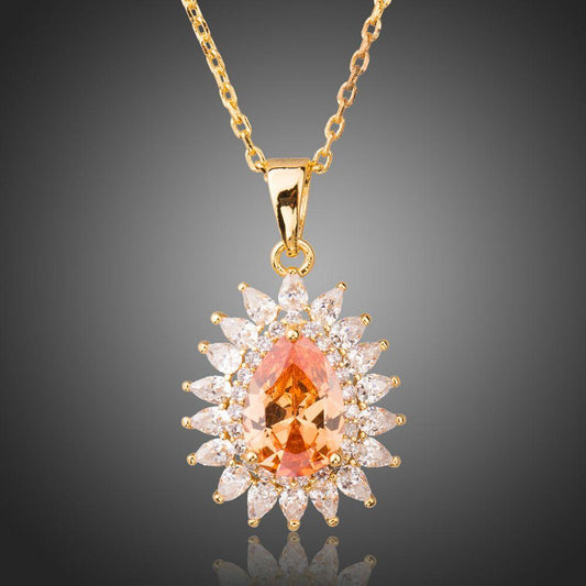 Champagne Cubic Zirconia Sunflower Pendant Necklace KPN0227 - KHAISTA Fashion Jewellery