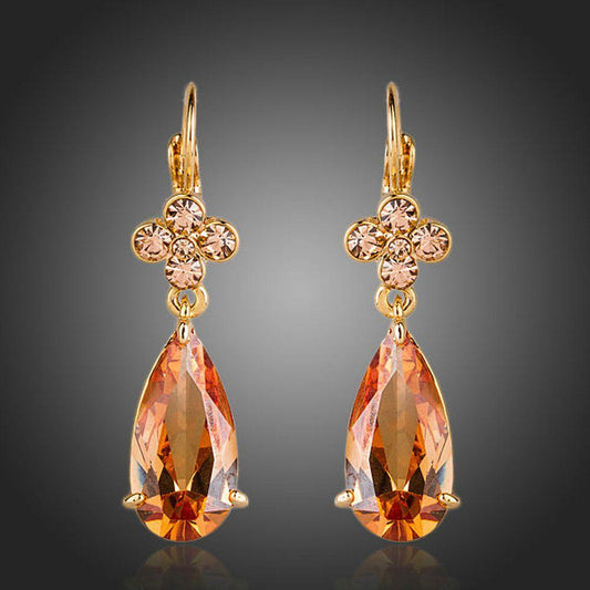 Champagne Flower Hang Cubic Zirconia Earrings -KPE0156 - KHAISTA Fashion Jewellery