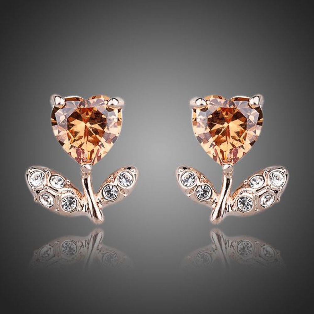 Champagne Flower Heart Stud Earrings -KPE0065 - KHAISTA Fashion Jewellery