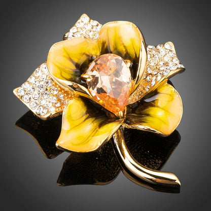 Champagne Zircon Crystal Paved Oil Painting Pattern Gold Color Flower Shape Brooch - KHAISTA Fashion Jewellery