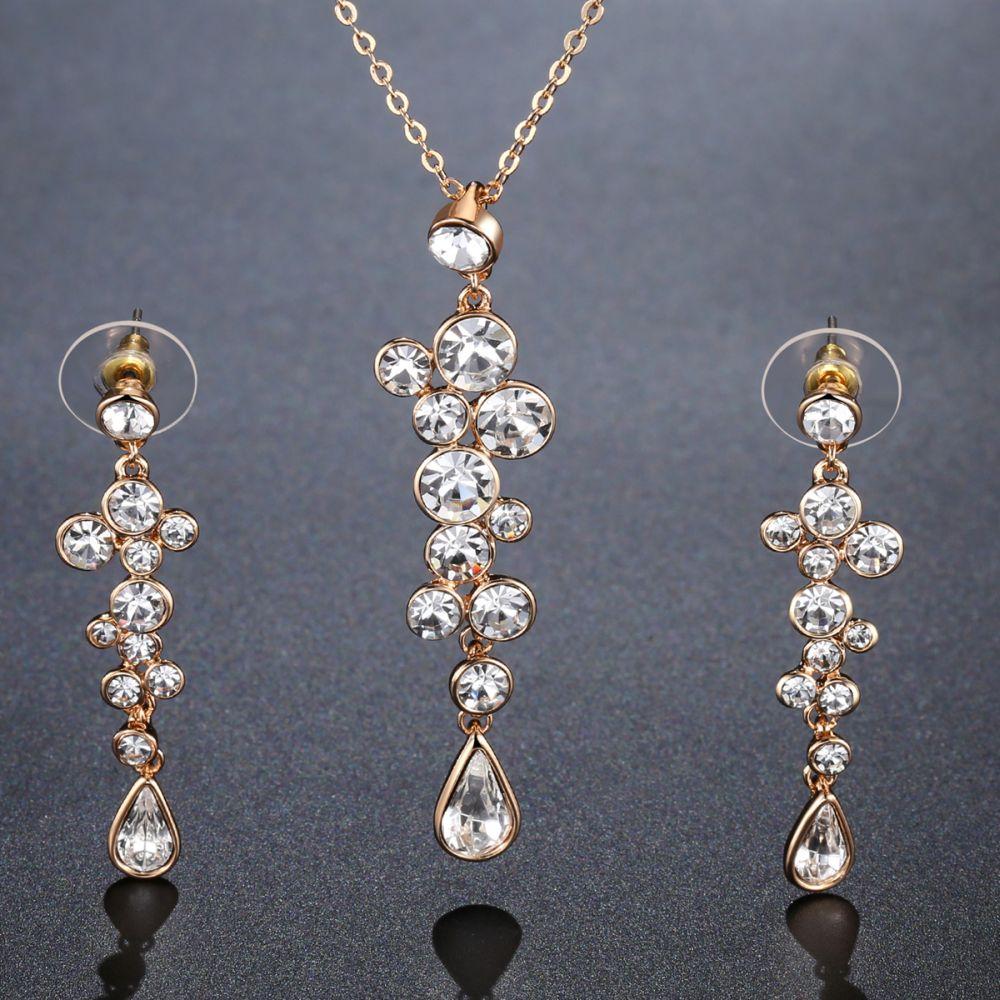 Clear Austrian Crystals Long Drop Earrings and Necklace Set - KHAISTA Fashion Jewellery