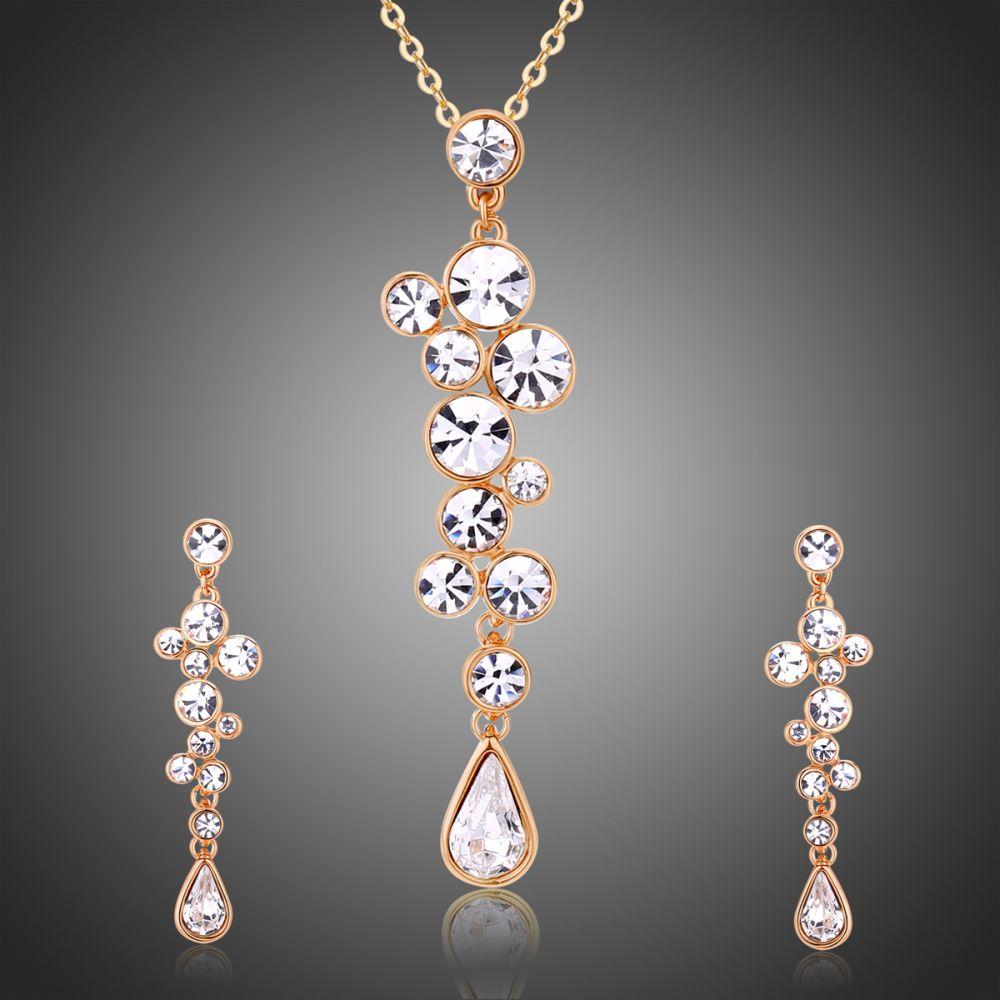 Clear Austrian Crystals Long Drop Earrings and Necklace Set - KHAISTA Fashion Jewellery