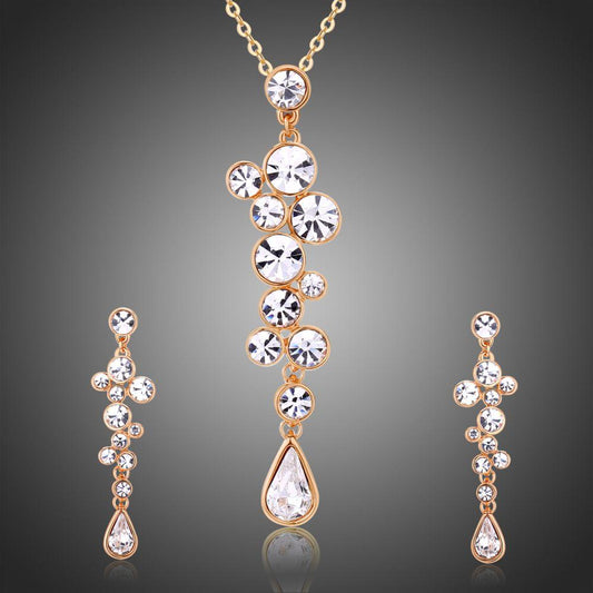 Clear Austrian Crystals Long Drop Earrings and Necklace Set - KHAISTA Fashion Jewellery