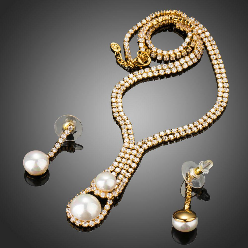 Clear Cubic Zirconia Simulated Pearl Jewelry Set - KHAISTA Fashion Jewellery