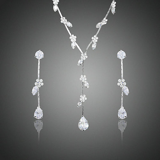 Clear Cubic Zirconia Small Flower Water Drop Jewelry Set - KHAISTA Fashion Jewellery