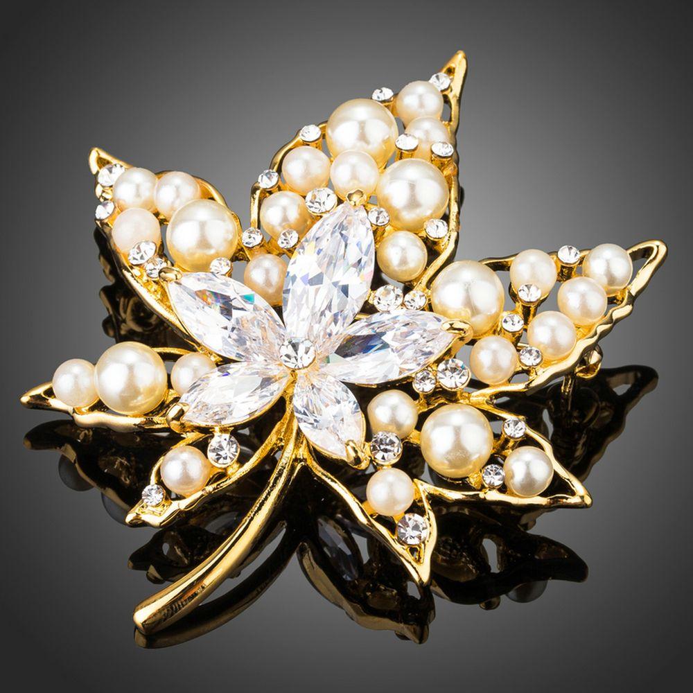 Clear Cubic Zirconia Stone Maple Leaf Shape Brooch - KHAISTA Fashion Jewellery