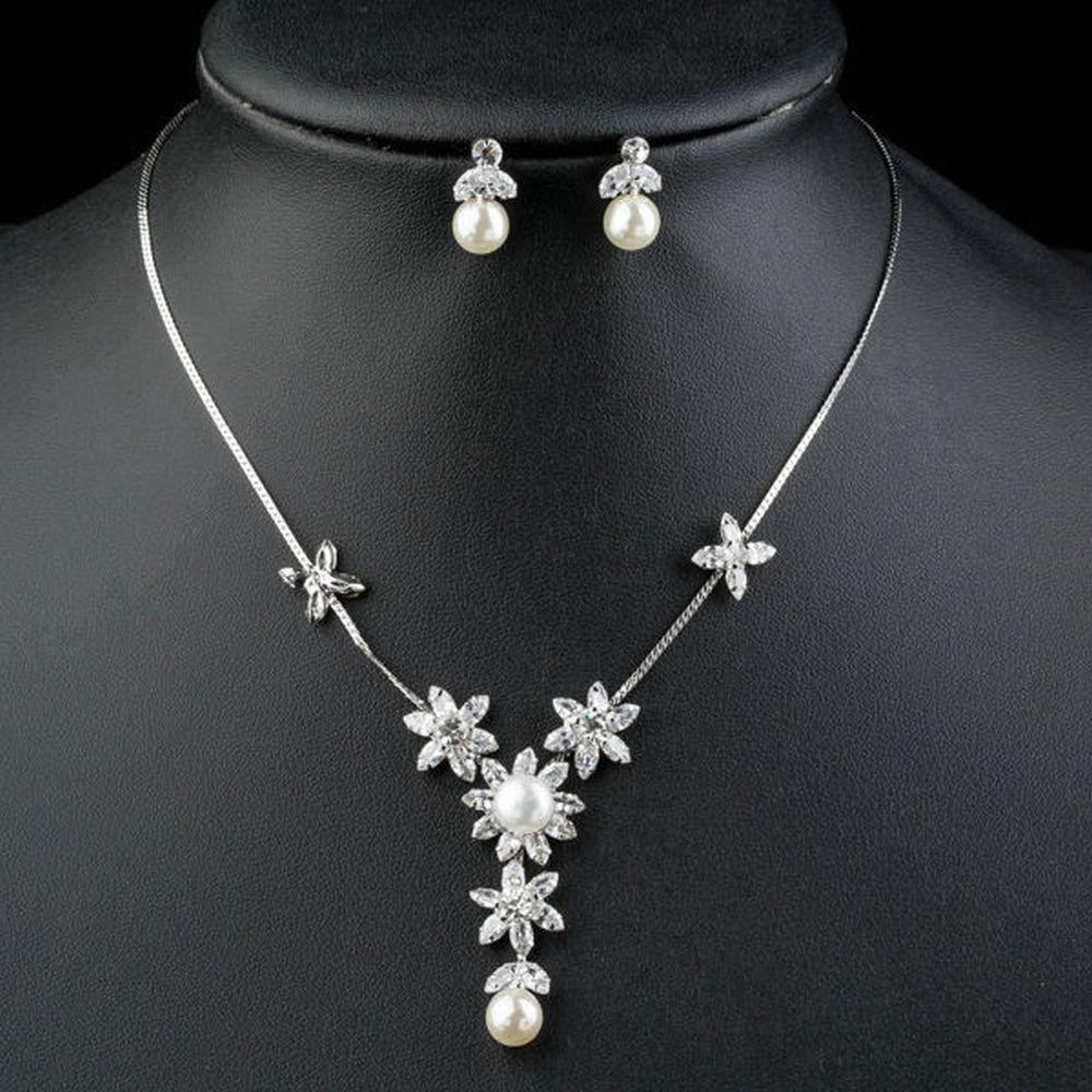 Clear Cubic Zirconia With Pearl Flower Pendant and Drop Earrings Set - KHAISTA Fashion Jewellery