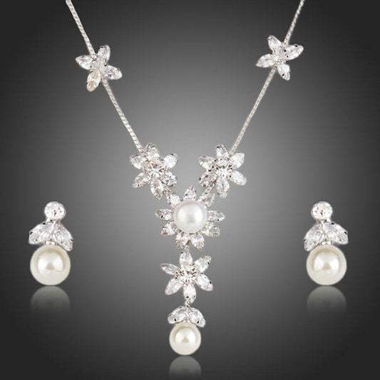 Clear Cubic Zirconia With Pearl Flower Pendant and Drop Earrings Set - KHAISTA Fashion Jewellery