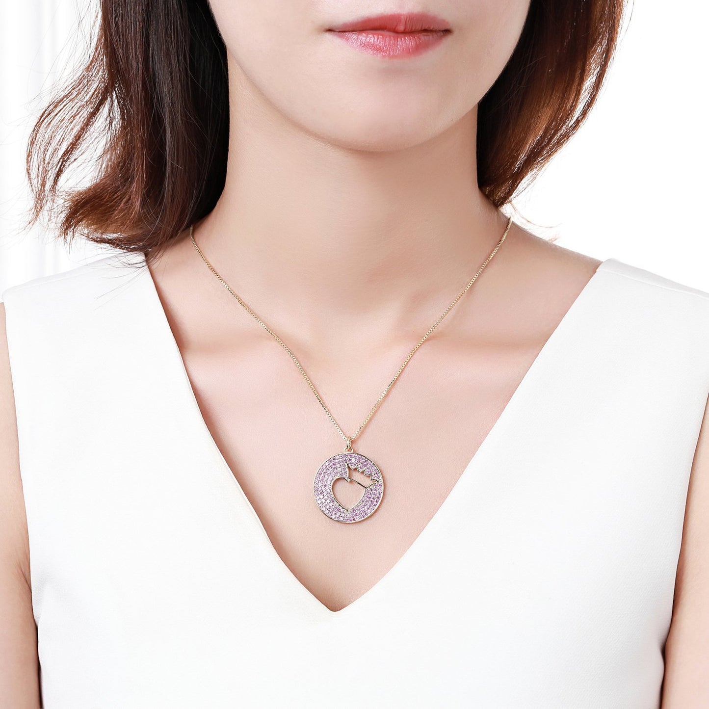 Crown Heart Hollow Round Pendant Necklace KPN0269 - KHAISTA Fashion Jewellery