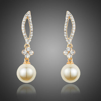 Crystal Leaf Design with Pearl Drop Earrings - KHAISTA Fashion Jewellery