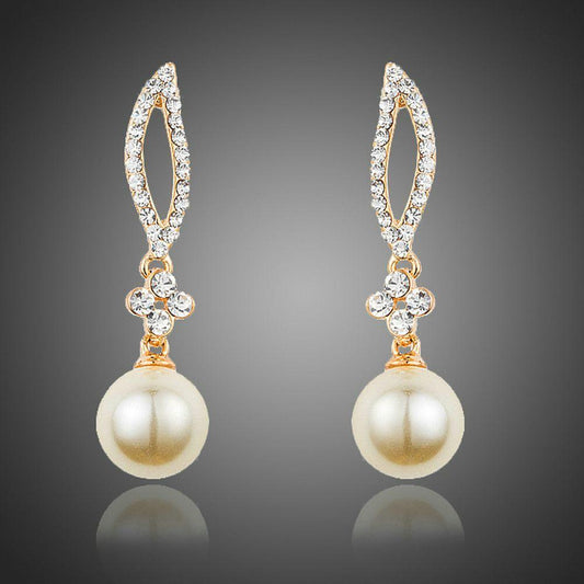 Crystal Leaf Design with Pearl Drop Earrings - KHAISTA Fashion Jewellery