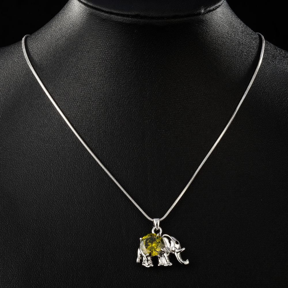 Cute Elephant Pendant with Big Round Cut Olive Cubic Zirconia Pendant Necklace - KHAISTA Fashion Jewellery