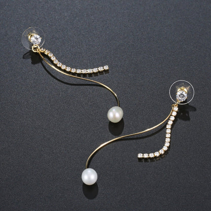 Dangle Pearl Cubic Zirconia Drop Earrings -KPE0370 - KHAISTA Fashion Jewellery