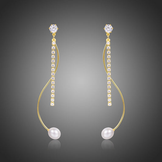 Dangle Pearl Cubic Zirconia Drop Earrings -KPE0370 - KHAISTA Fashion Jewellery