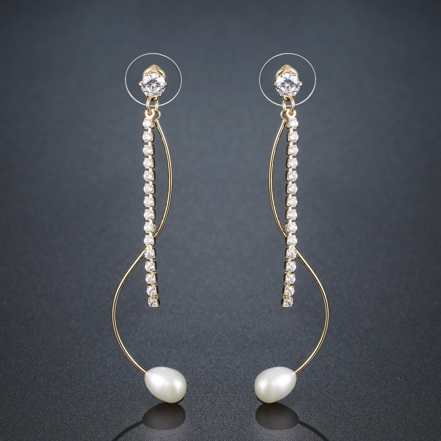 Dangle Pearl Cubic Zirconia Drop Earrings -KPE0370 - KHAISTA Fashion Jewellery