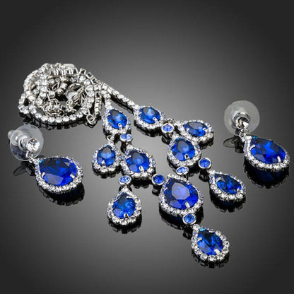 Dark Blue Sapphire Cubic Zirconia Necklace + Earrings Set - KHAISTA Fashion Jewellery