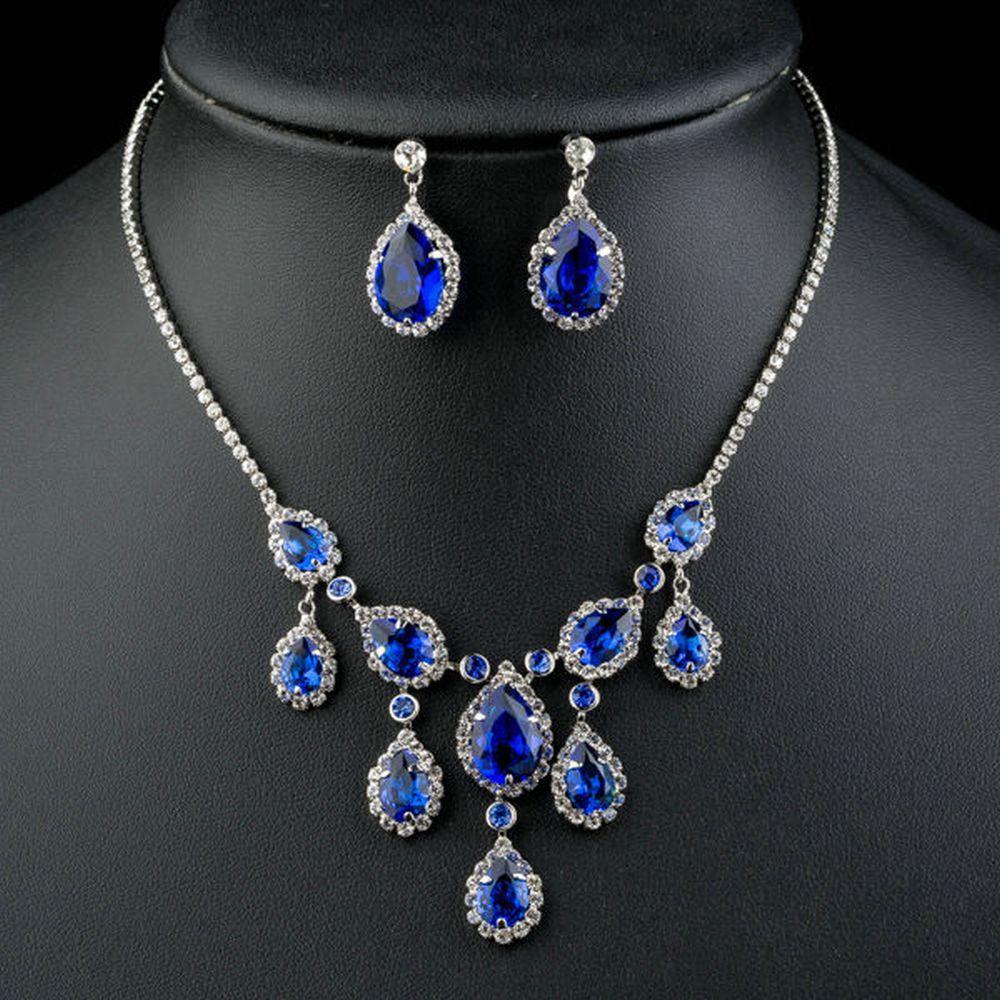 Dark Blue Sapphire Cubic Zirconia Necklace + Earrings Set - KHAISTA Fashion Jewellery