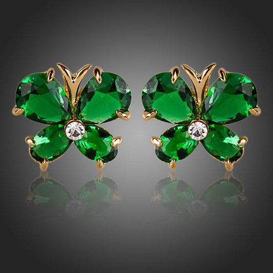 Dark Green Butterfly Cubic Zirconia Stud Earrings - KHAISTA Fashion Jewellery