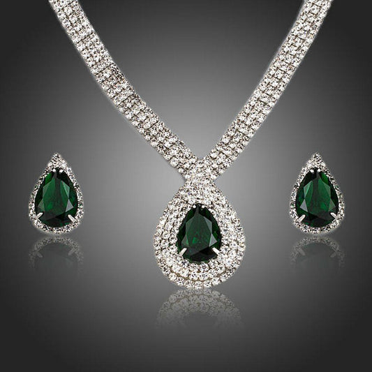 Dark Green Cubic Zirconia Water Drop Jewelry Set - KHAISTA Fashion Jewellery