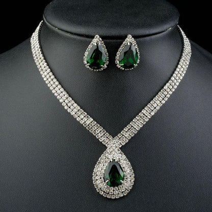 Dark Green Cubic Zirconia Water Drop Jewelry Set - KHAISTA Fashion Jewellery