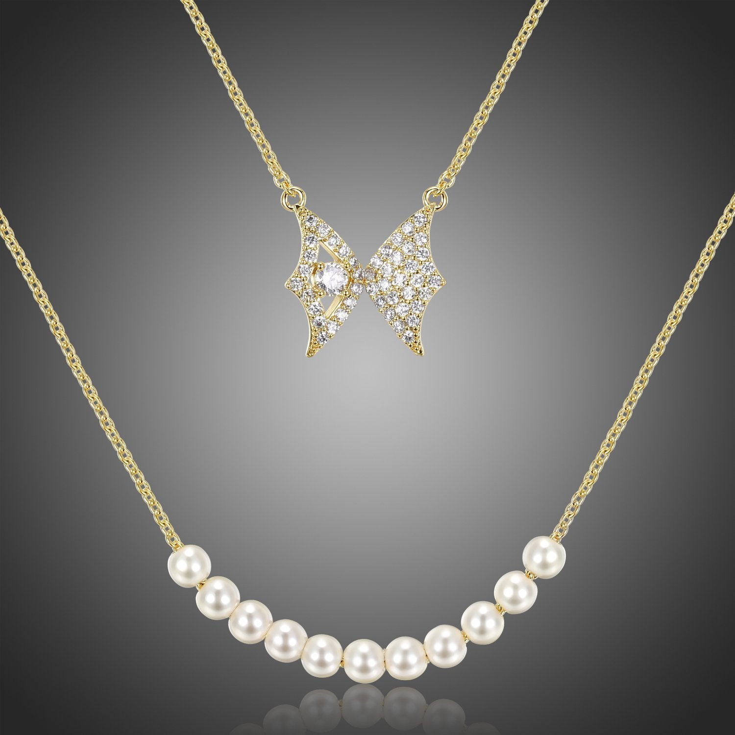 Double Chain Butterfly Pearl Pendant Necklace KPN0280 - KHAISTA Fashion Jewellery