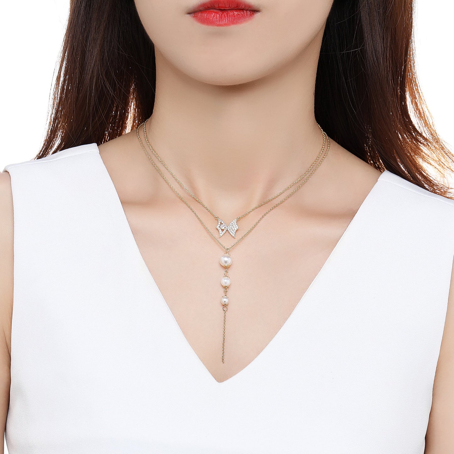 Double Chain Cubic Zirconia Pearl Pendant Necklace KPN0281 - KHAISTA Fashion Jewellery