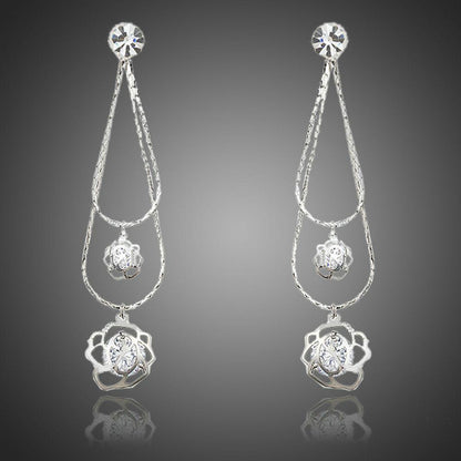 Double Flower Crystal Drop Earrings -KPE0168 - KHAISTA Fashion Jewellery