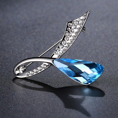 Double Leaf Blue Austrian Crystals Brooch Pin - KHAISTA Fashion Jewellery