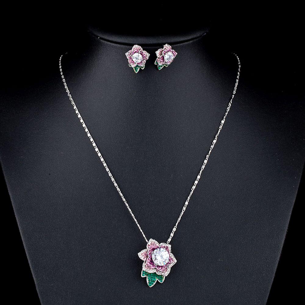 Exclusive White Gold Stellux Austrian Crystal Flower Stud Earrings and Necklace Set - KHAISTA Fashion Jewellery