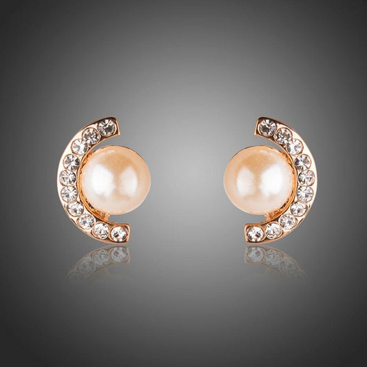 Fashion Pearl Half Ellipse Stud Earring Clear Australian Rhinestone - KHAISTA Fashion Jewellery