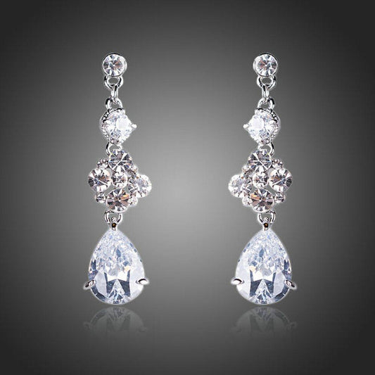 Flower Design Cubic Zirconia Drop Earrings - KHAISTA Fashion Jewellery