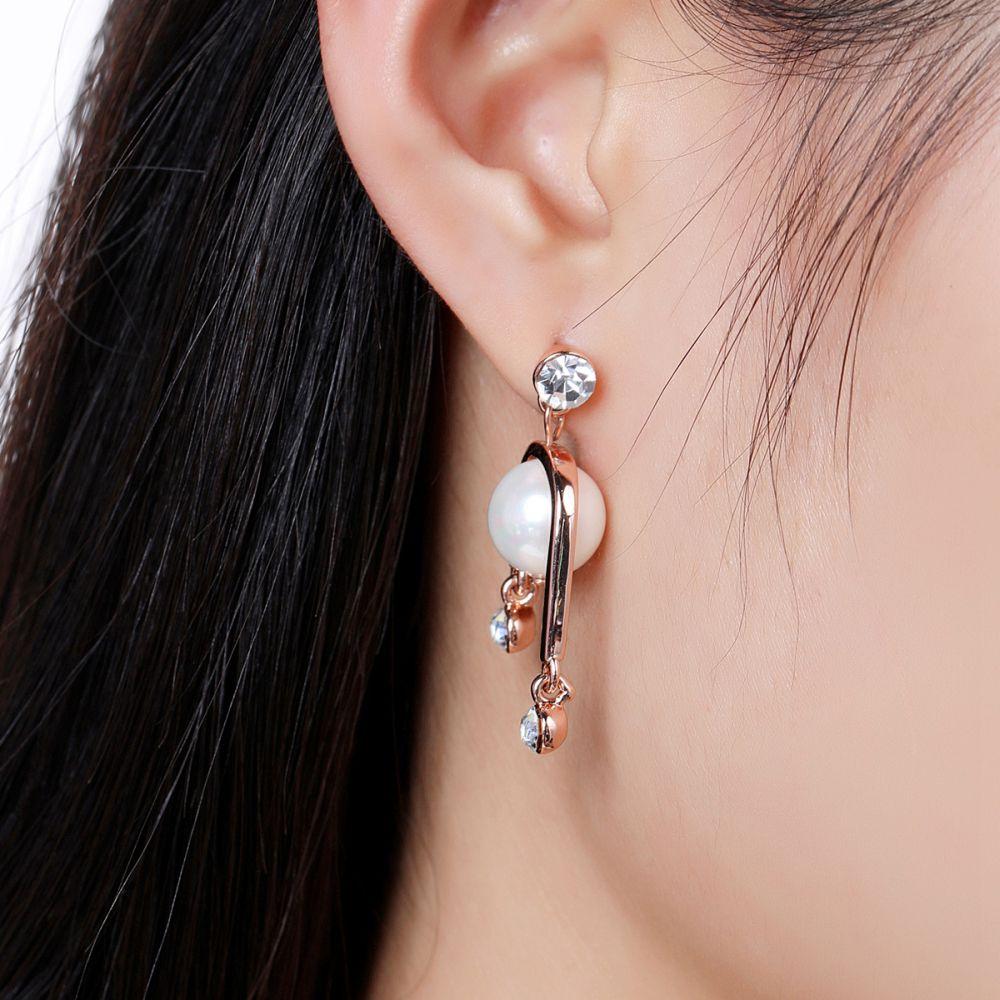 Geometric Shape Shiny Big Pearl Clear Rhinestone Dangle Earrings - KHAISTA Fashion Jewellery