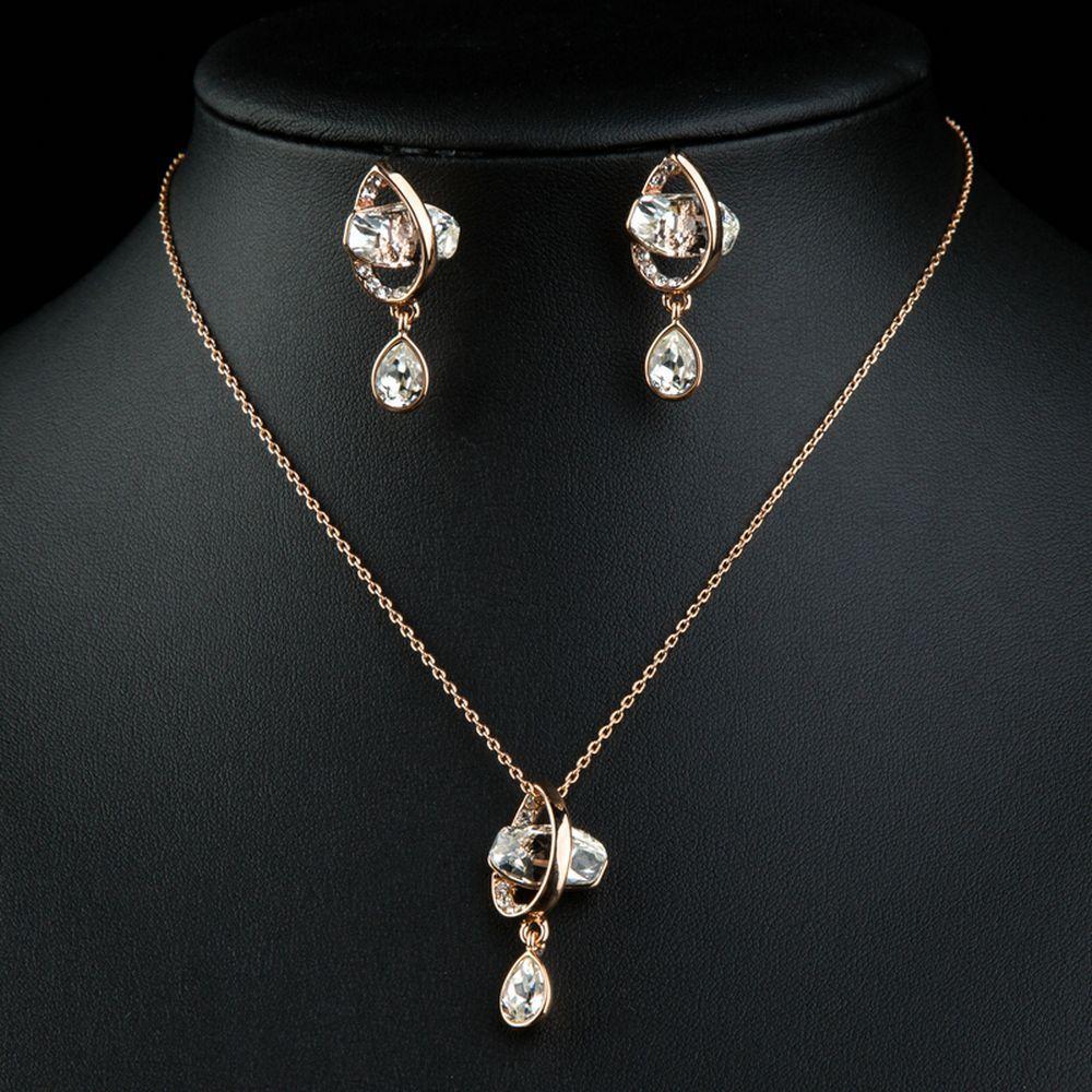Geometrical Crystal Drop Earrings and Pendant Necklace Set - KHAISTA Fashion Jewellery