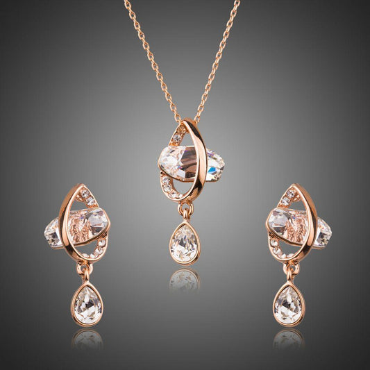 Geometrical Crystal Drop Earrings and Pendant Necklace Set - KHAISTA Fashion Jewellery