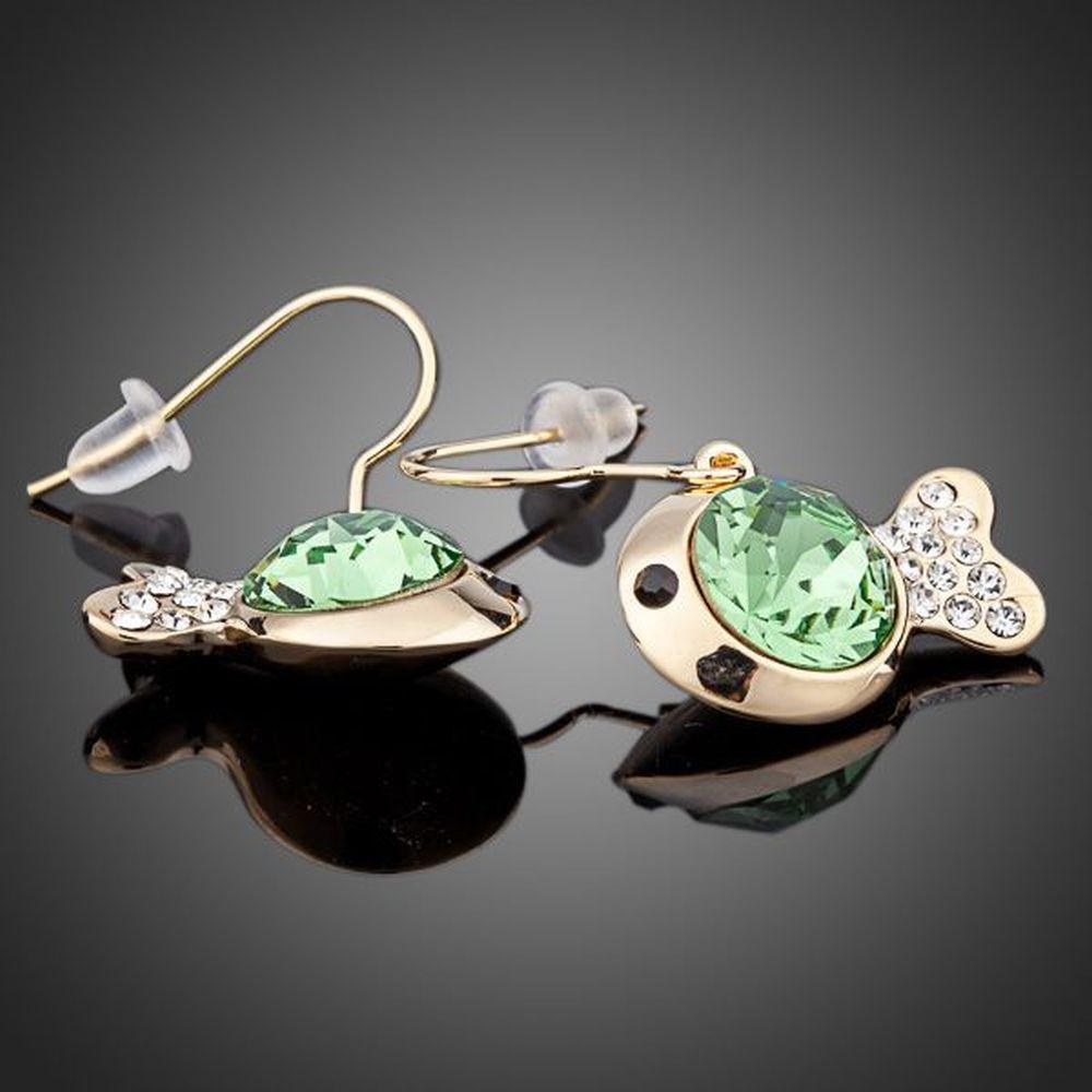 Gold Plated Green Crystal Fish Drop Earrings - KHAISTA Fashion Jewellery