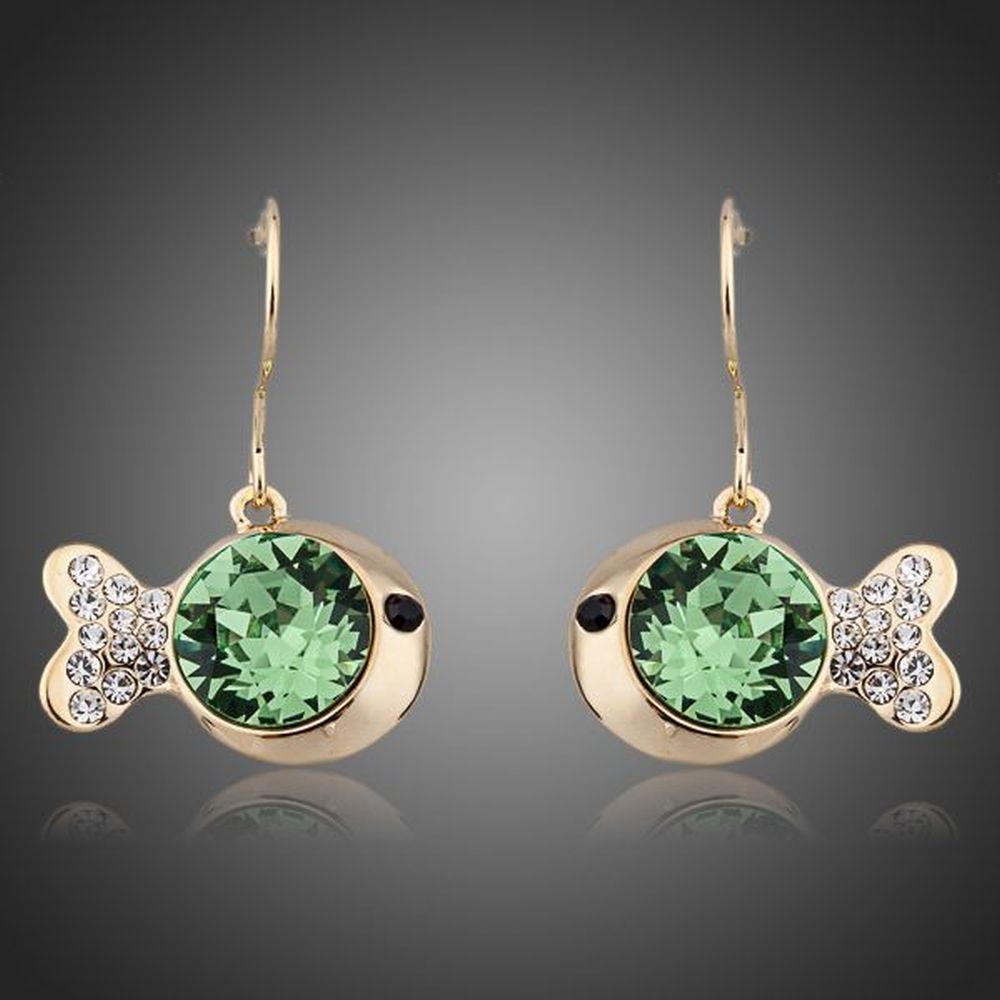 Gold Plated Green Crystal Fish Drop Earrings - KHAISTA Fashion Jewellery